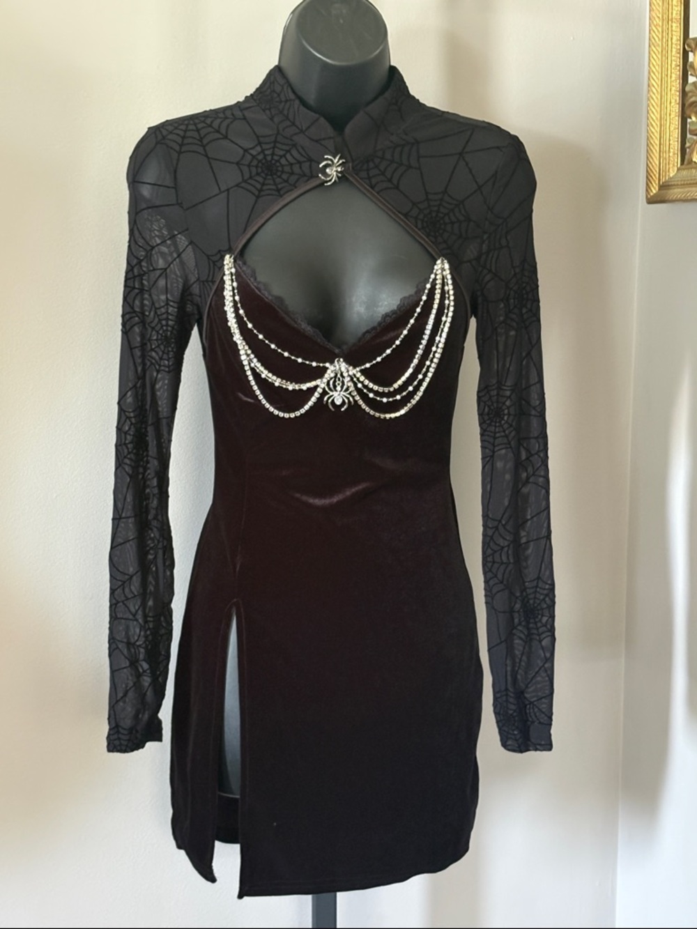 Black Velvet Gothic Spiderweb Mini Dress with Pearl Chains XS